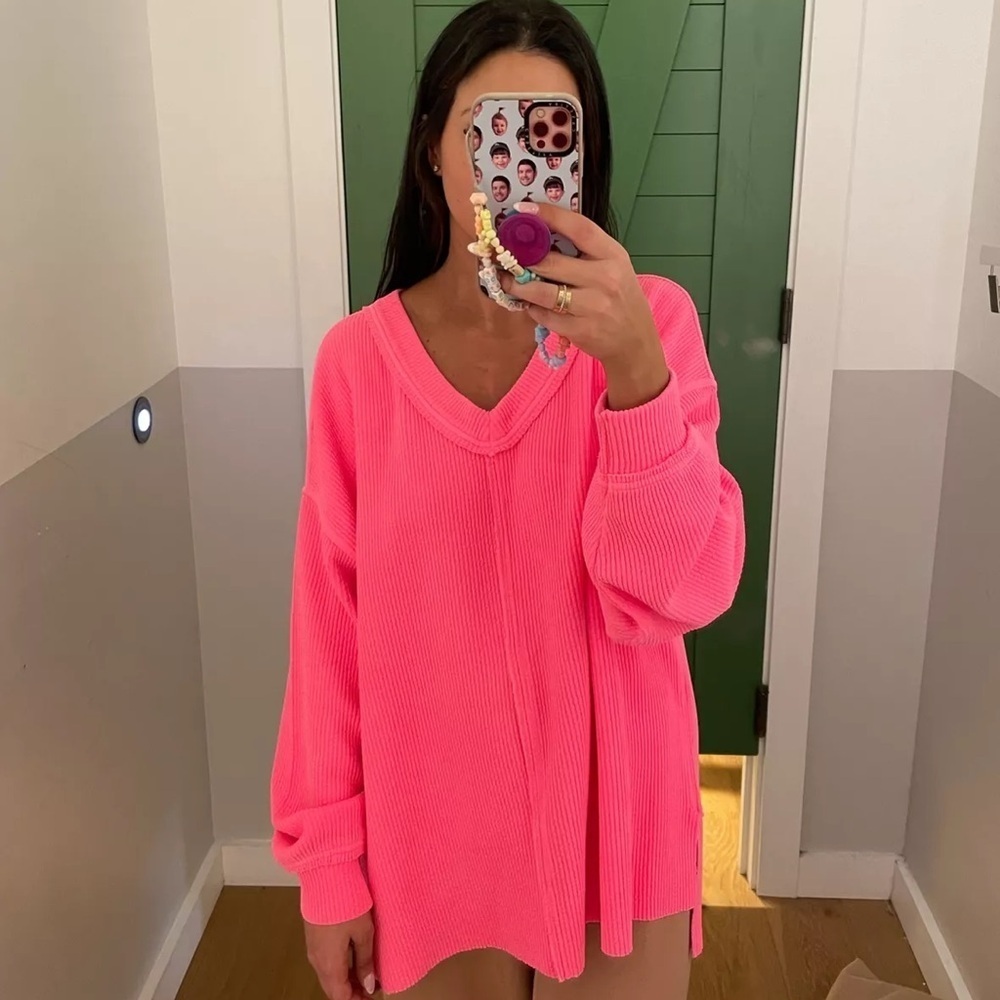 Aerie Neon pink Barbie pullover ribbed boat vneck long sleeve top sweatshirt